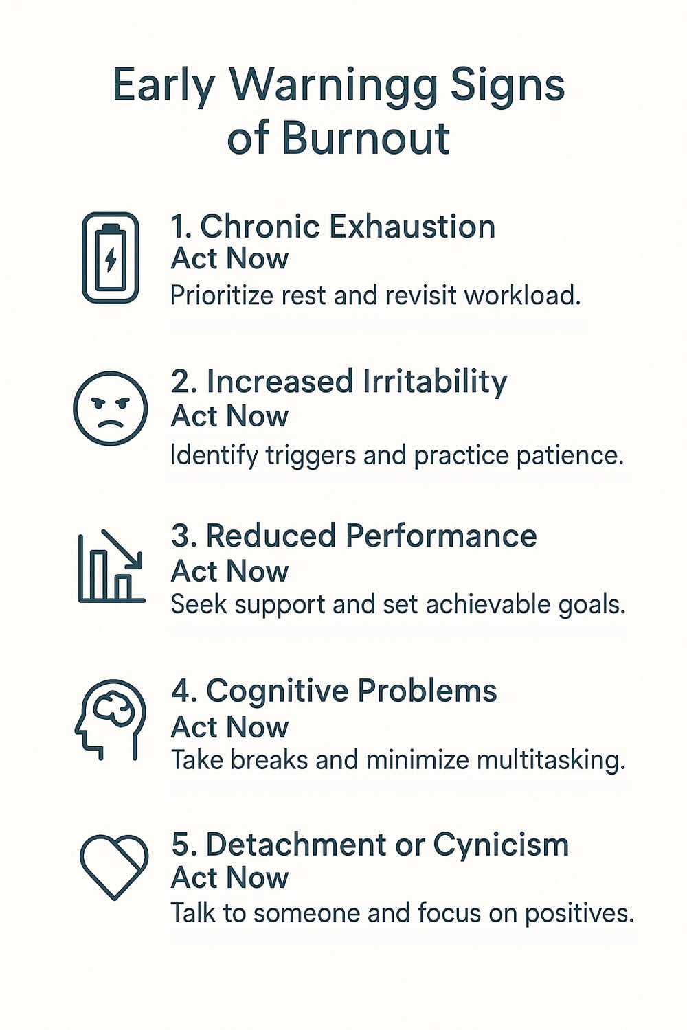 Early warning signs of burnout with immediate actions to take.