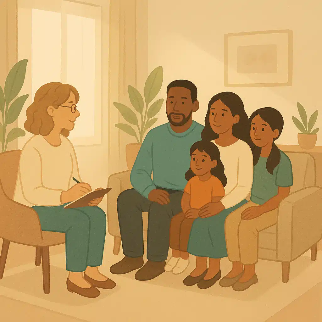 Family sitting together in supportive therapy setting.