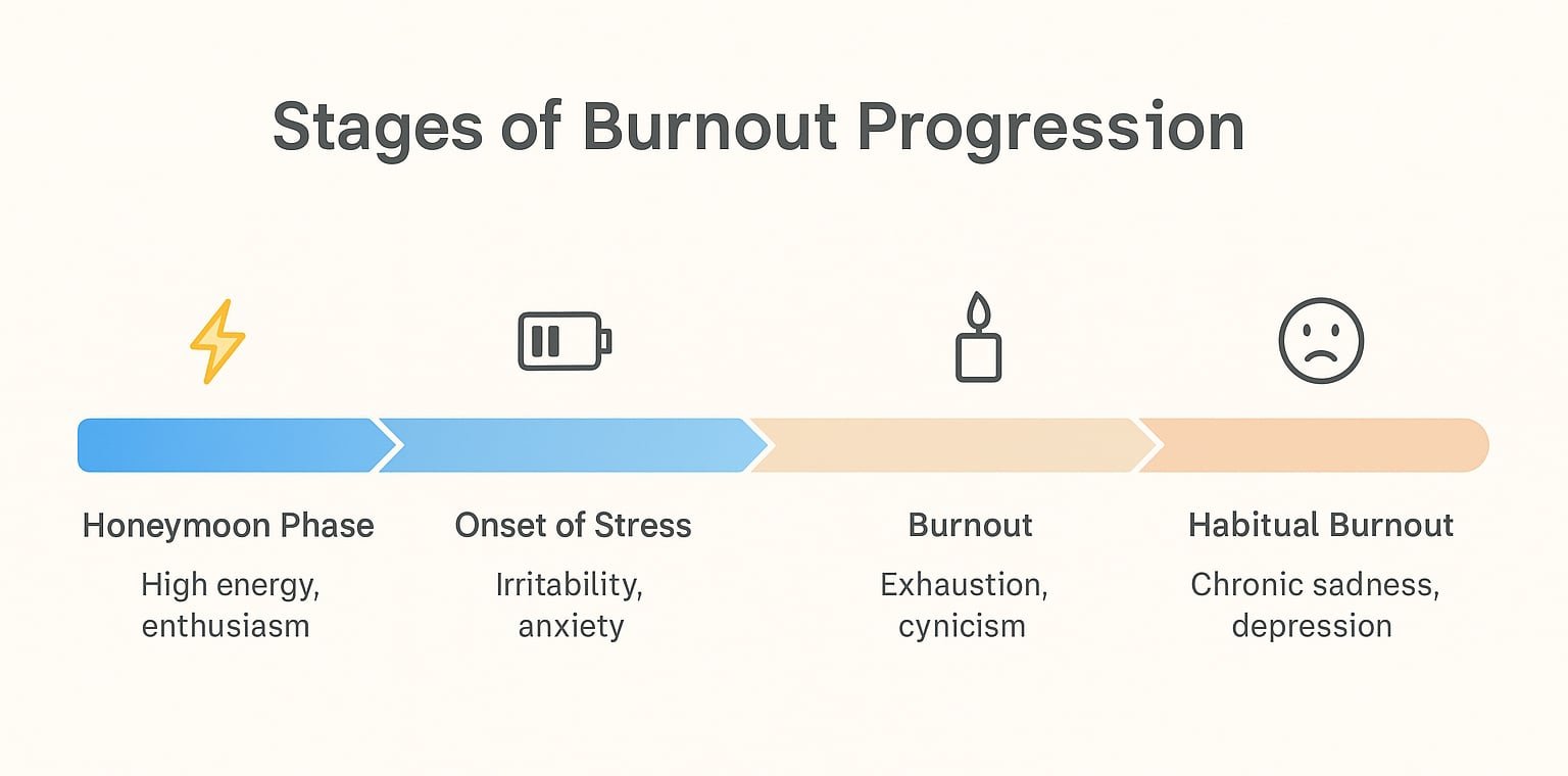 Timeline infographic showing the five stages of burnout from honeymoon phase to habitual burnout.