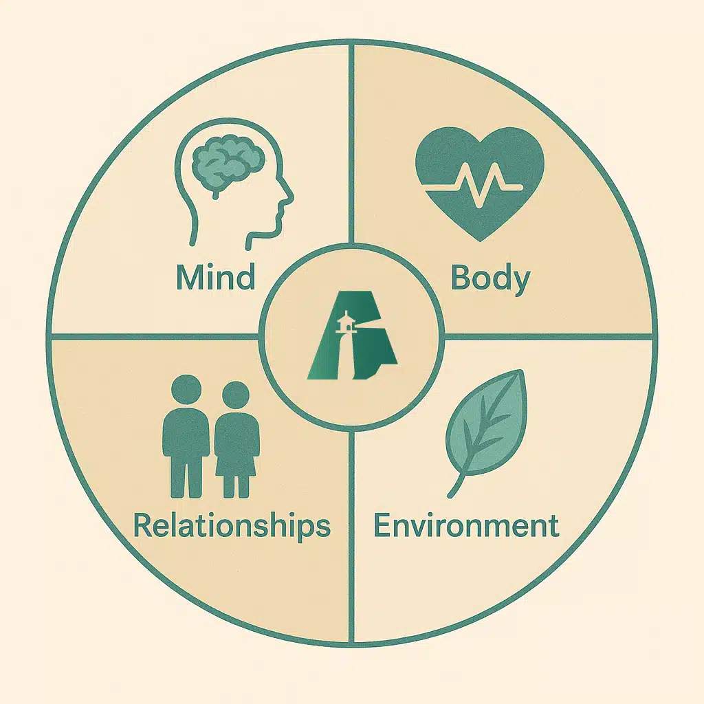 Infographic showing four dimensions of healing: mind, body, relationships, environment.