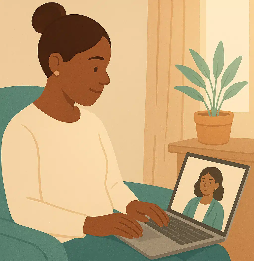 Client in cozy home setting during online therapy session.<br />
