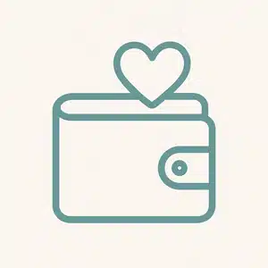 Icon showing open wallet with a heart, symbolizing affordable care.<br />
