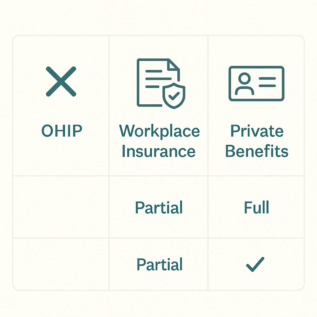 Diagram showing OHIP not covered and insurance partially or often covered.