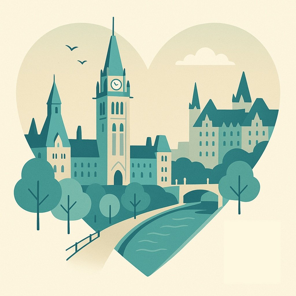 Peaceful illustration of Ottawa landmarks blending with soft light symbolizing local healing.