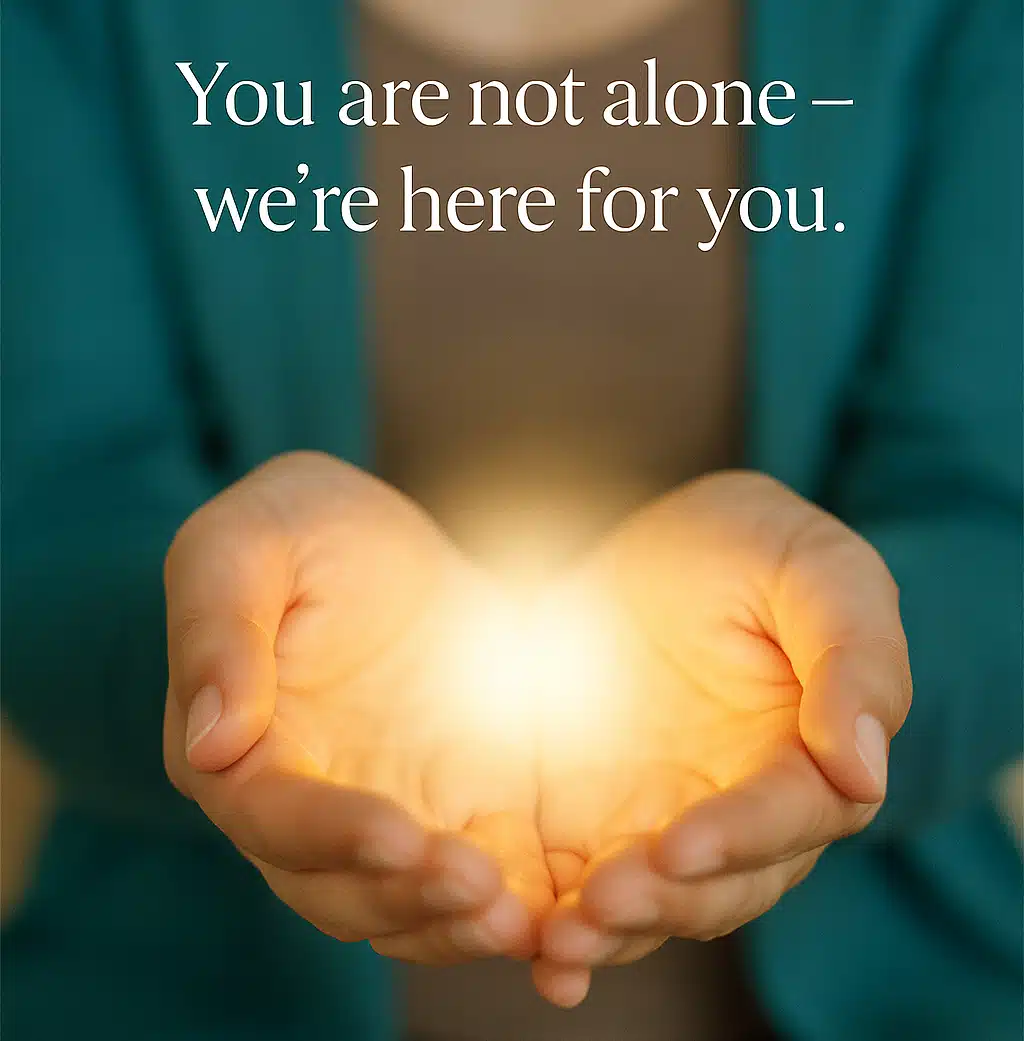 Therapist’s hands offering light symbolizing hope and connection.<br />
