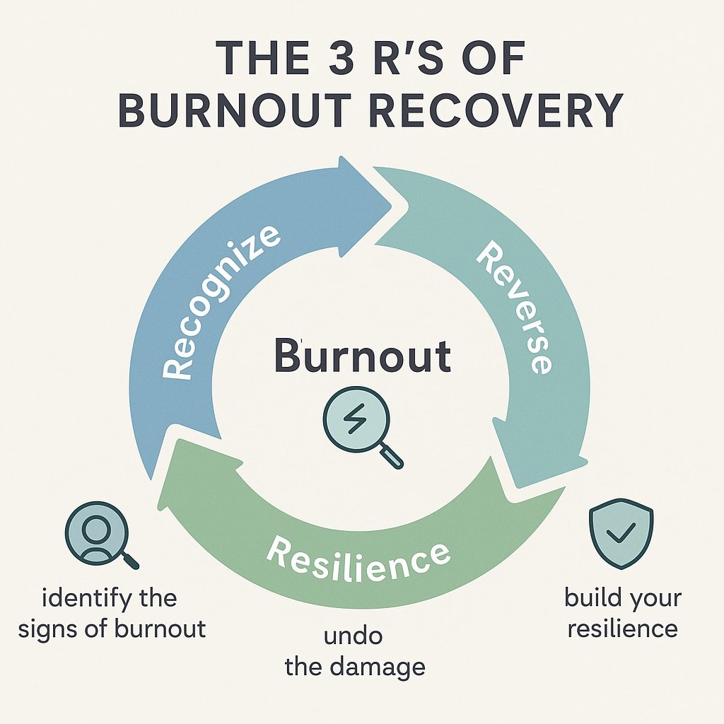 Circular diagram showing the 3 R’s of burnout recovery: Recognize, Reverse, Resilience.
