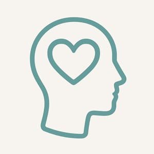 Icon showing balanced human mind with heart symbol inside.<br />
