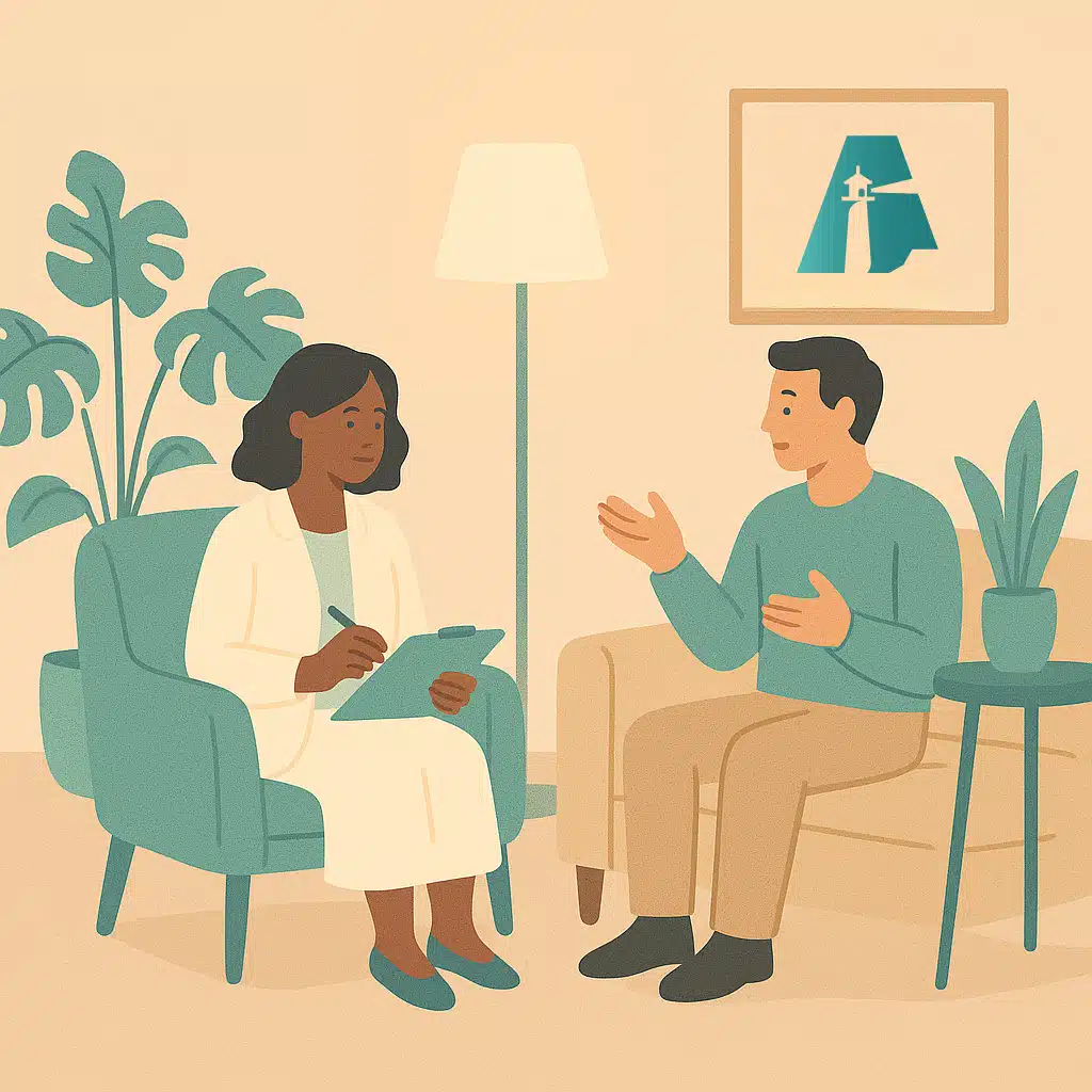 Cozy therapy room illustration with therapist and client in a calm setting.