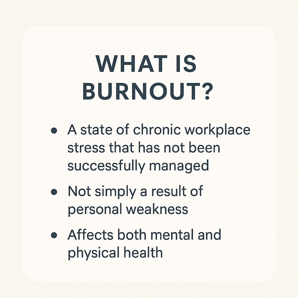 Definition card explaining what burnout is and why it isn’t a personal failure.