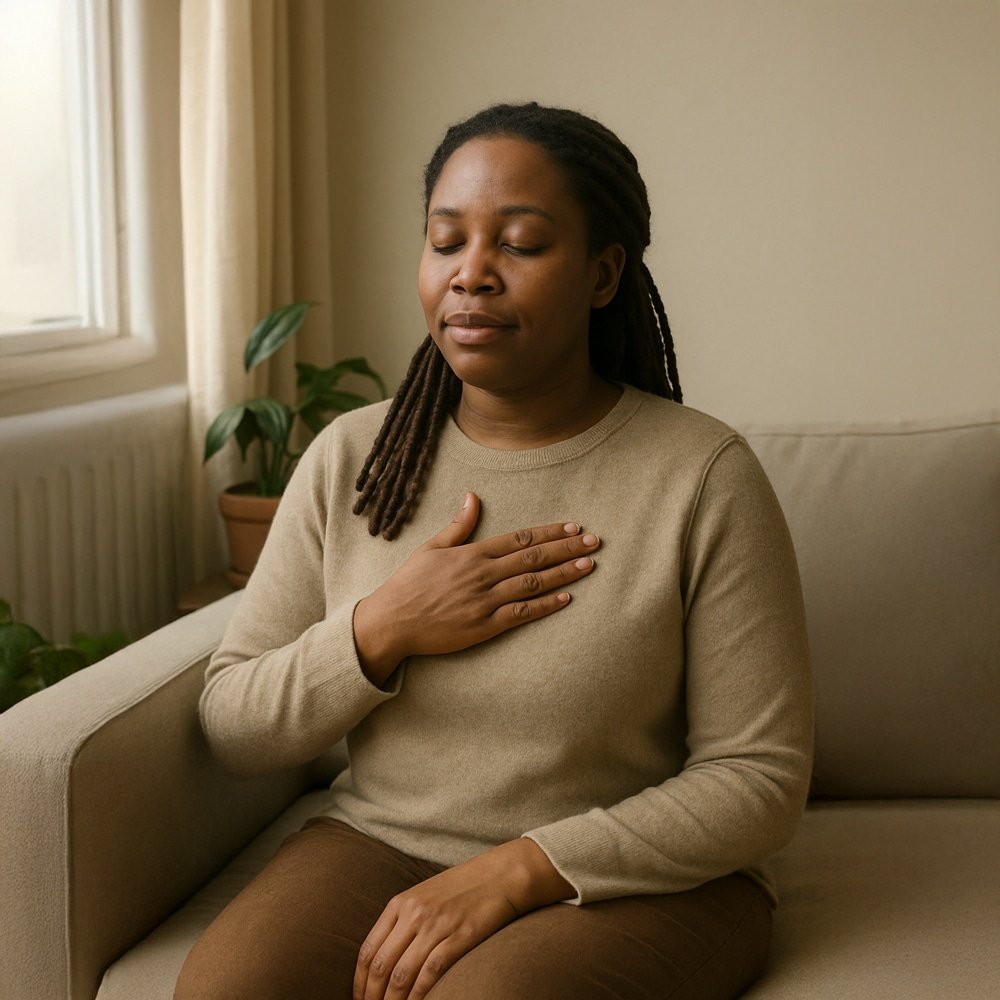 Person practicing calm breathing during a panic attack