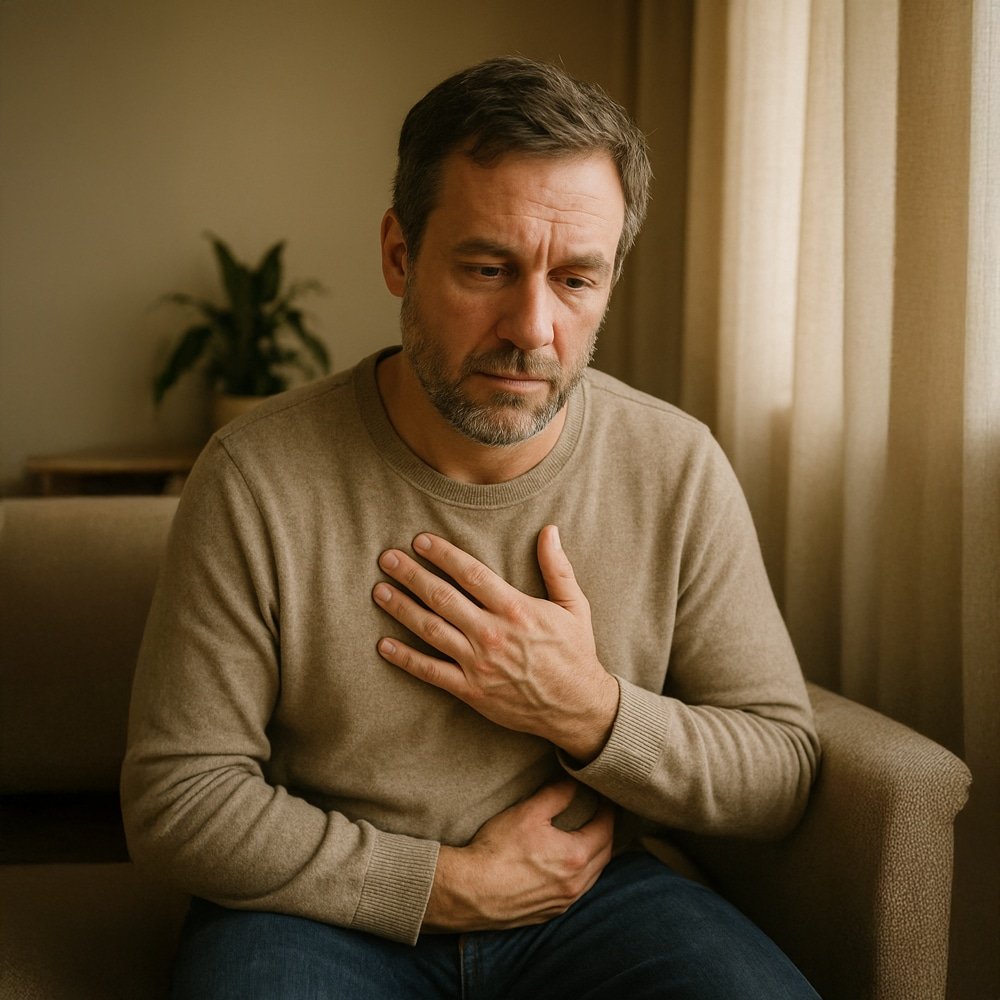 Person experiencing a panic attack while sitting safely indoors