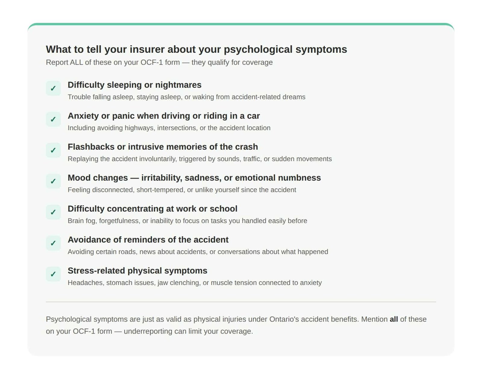 Checklist of psychological symptoms to report to your insurer after a car accident in Ontario