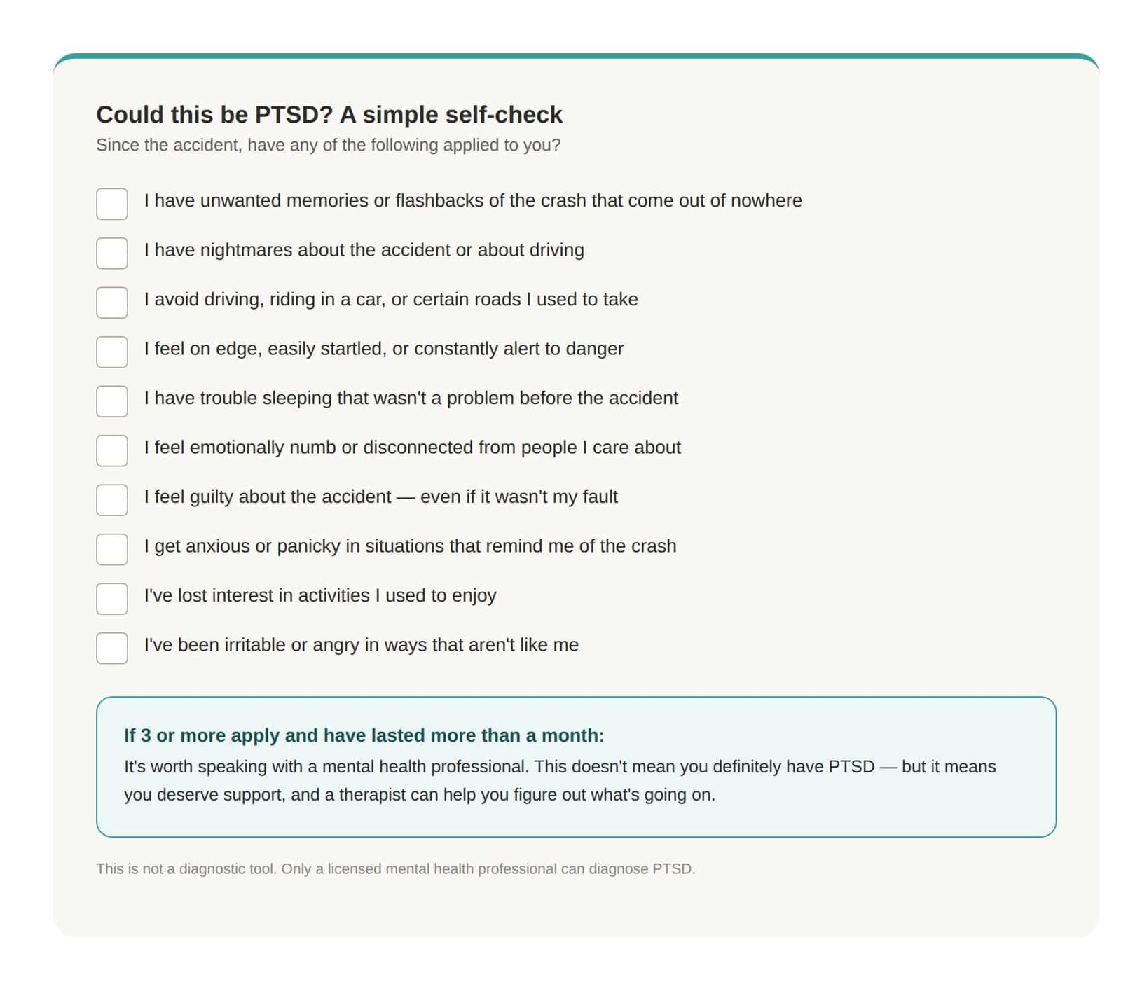 Self-check questionnaire to help determine if you may have PTSD after a car accident