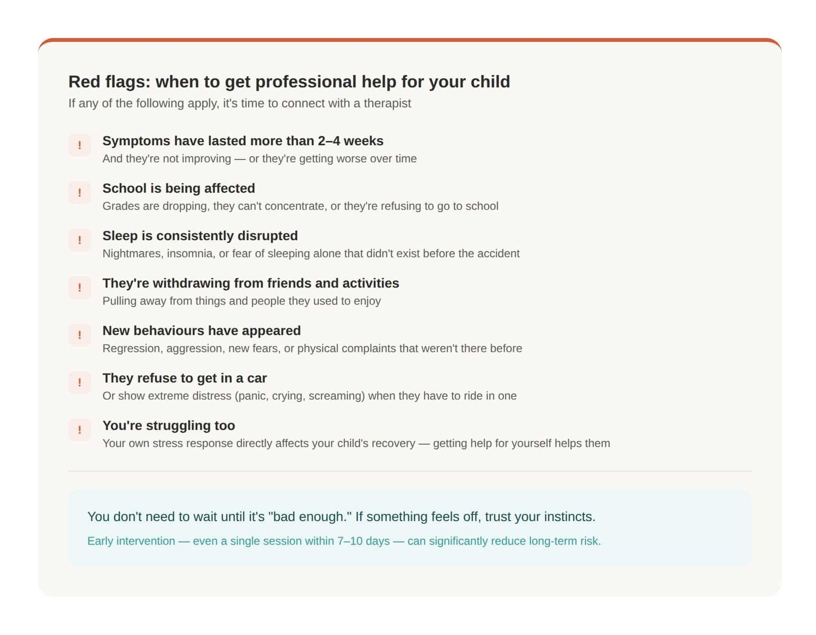 Checklist of red flags that indicate a child needs professional help after a car accident
